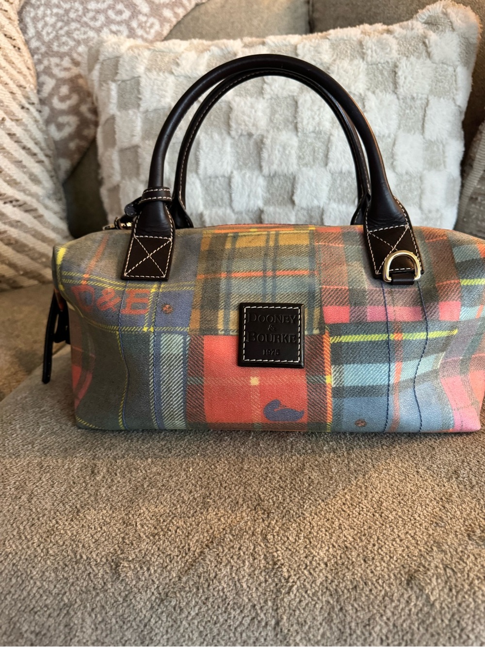 Dooney & Bourke Multicolor Plaid Coat Canvas Satchel Dark Brown Leather Trim